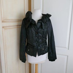 BEBE VTG 90's Y2K Black Satin Hooded Down Jacket w/Unique Tie Collar Large